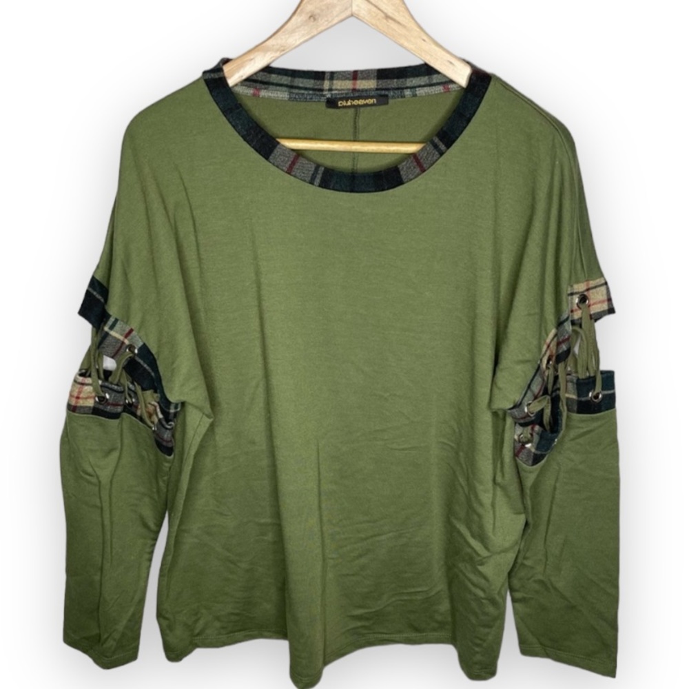 Bluheaven Green Lace Up Sleeve Plaid Detail Top